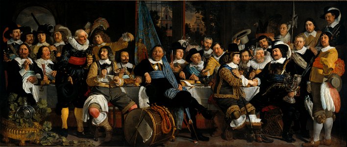 Bartholomeus van der Helst, Banquet of the Amsterdam Civic Guard in Celebration of the Peace of Münster. Free illustration for personal and commercial use.