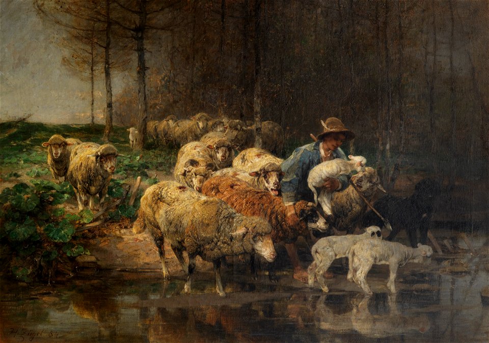 Heinrich von Zügel Schäfer mit Herde am Wasser 1884