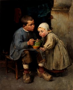 Helene Schjerfbeck - A Boy Feeding His Little Sister. Free illustration for personal and commercial use.