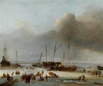 Hendrick Jacobsz. Dubbels - Ice-skating on the Eastern Docks of Amsterdam. Free illustration for personal and commercial use.