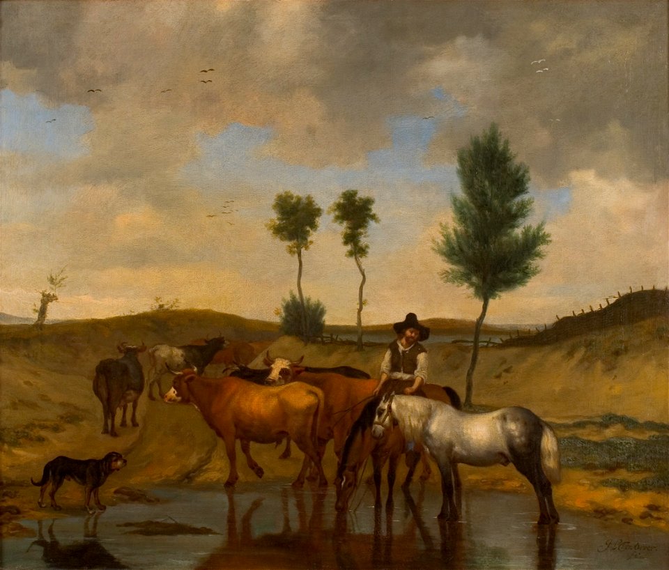 Hendrick ten Oever - Landschap met paarden en koeien, bij een wed - 0069 - Rijksmuseum Twenthe