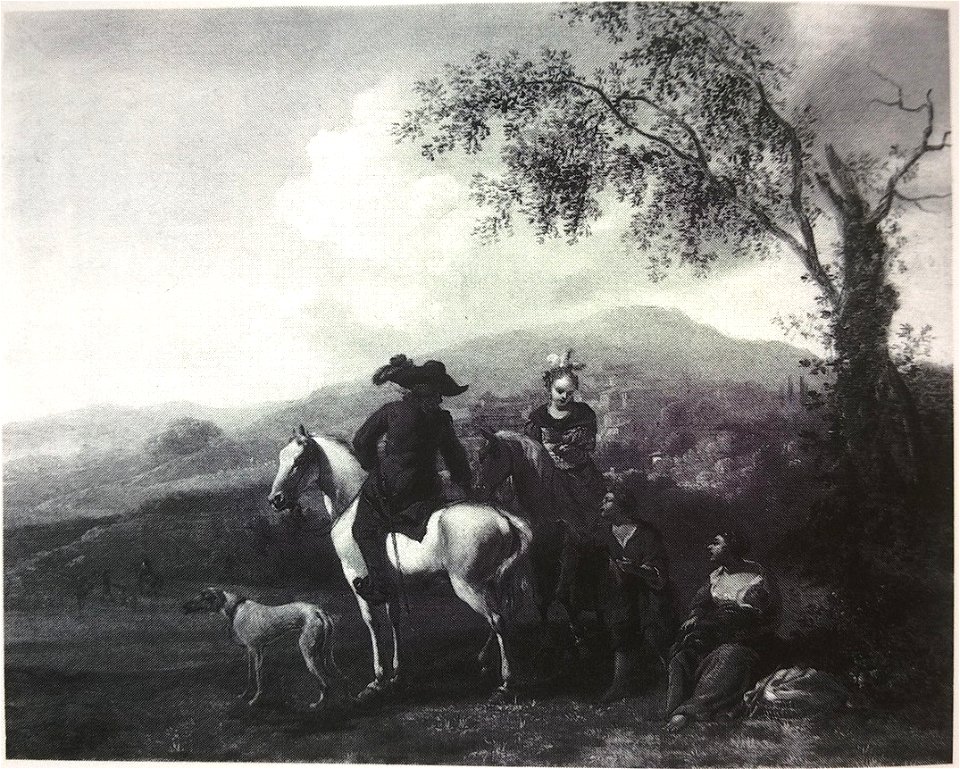Hendrick Mommers - Landscape with Horsemen and Shepherds (before restoration of dog and sheep)