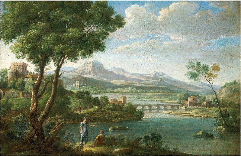 Hendrik Frans van Lint - An Italianate landscape with figures resting, a fortress, bridge and mountains beyond
