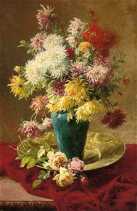 Henri Biva, Chrysanthemums and roses in a vase on a salver, oil on canvas, 122 x 77.8 cm