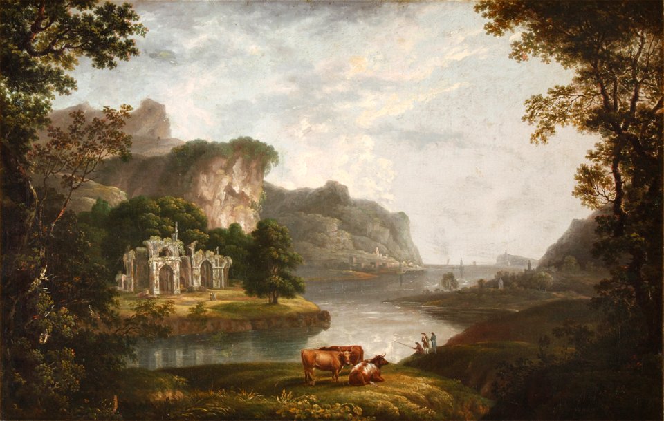Hendrik Frans de Cort - Wooded River Landscape with Drovers and Cattle beside a Ruined Castle