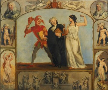 Henning, Archibald S. - painting; oil on canvas - Portrait of Renton Nicholson with Allegorical Scenes and Figures - Google Art Project