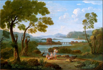 Hendrik Frans van Lint - Classical River landscape with figures and goats before a bridge, waterfall and circular temple
