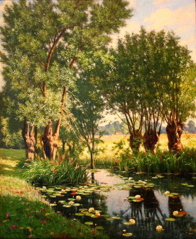 Henri Biva, River Scene in Spring, France (View of Willow Trees on the Bank of a River with Waterlilies), oil on canvas, approx 60 x 49 cm