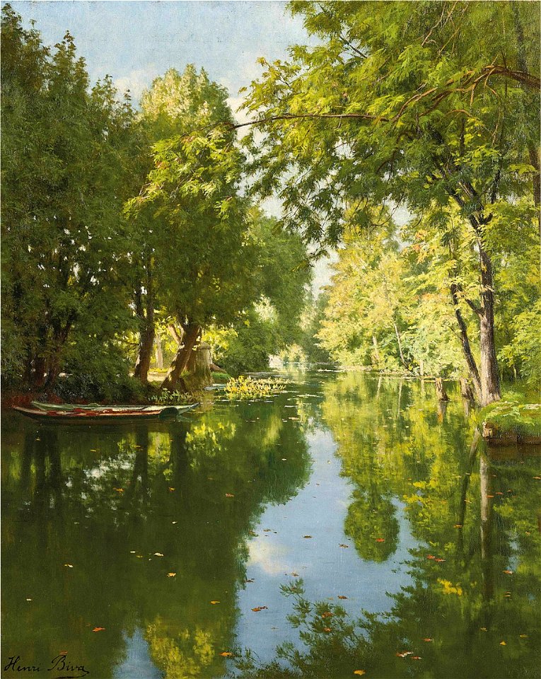 Henri Biva, Punts moored on still waters, oil on canvas, 61 x 50 cm.