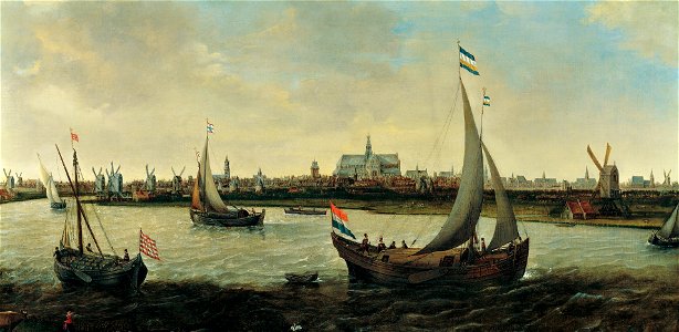 Hendrik Cornelisz Vroom - View of Haarlem from the Noorder Buiten Spaarne. Free illustration for personal and commercial use.