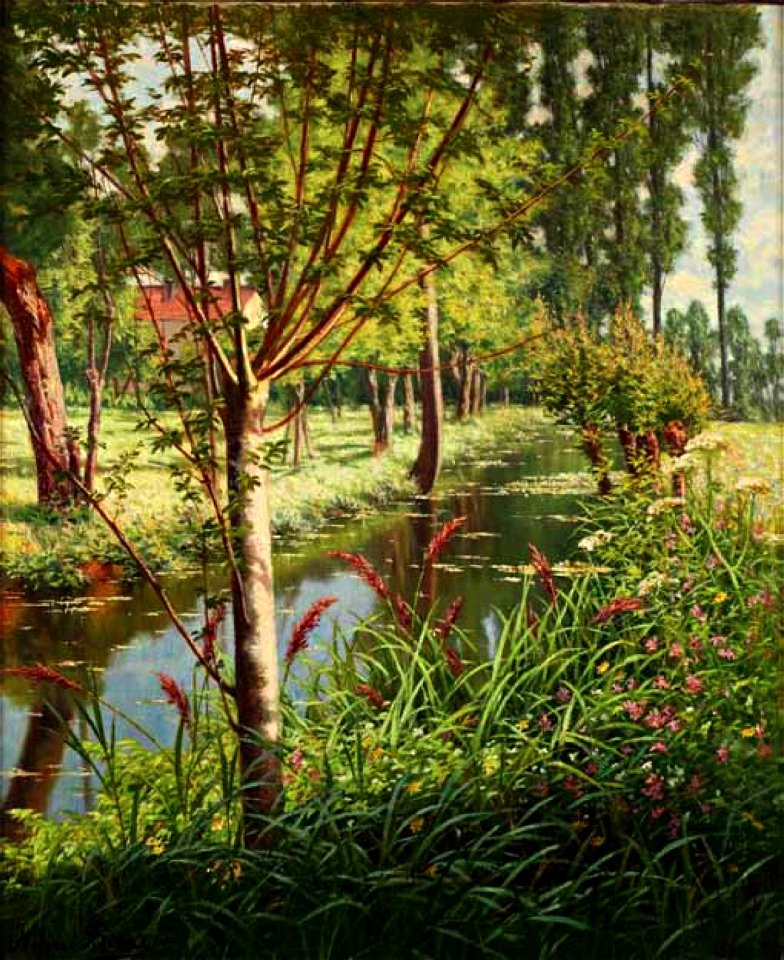 Henri Biva, Les bords de l'Epte Les bords de l'Epte à Giverny (Rivière en forêt), oil on canvas, 66 x 55 cm