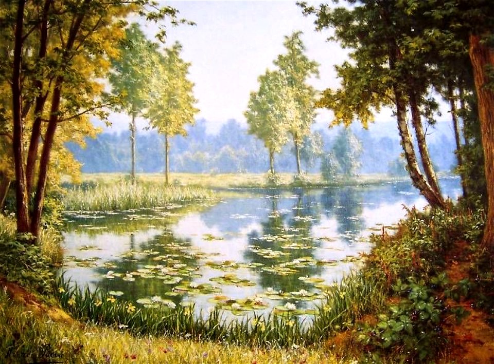 Henri Biva, Still Waters lily pond landscape trees, print