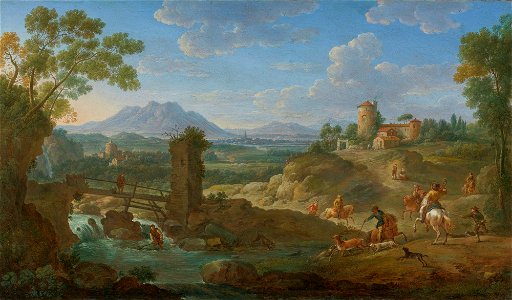 Hendrik Frans van Lint - Elegant hunting party in an extensive landscape