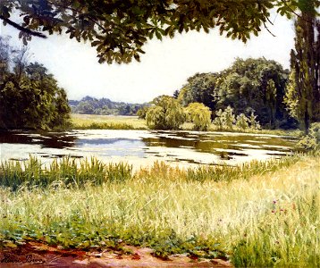 Henri Biva, A river scene in France, oil on canvas, 45.7 x 55.2 cm