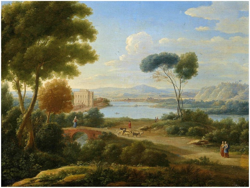 Hendrik Frans van Lint - A classical river landscape with figures on a path and a palace in the distance