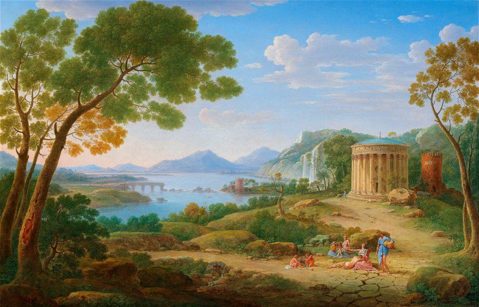 Hendrik van Lint - Classical landscape with figures seated before a tempietto