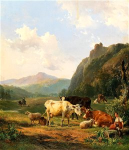 Hendrikus van de Sande Bakhuyzen - Cattle and sheep in a meadow. Free illustration for personal and commercial use.