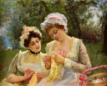 Henri-Charles Daudin Two young women with needlework 1906. Free illustration for personal and commercial use.