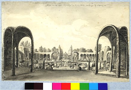 HUA-37968-Gezicht in de tuin van het huis Zijdebalen aan de Vecht te Utrecht uit het zuidwesten over de Droge Kom omgeven door berceaux in richting van het huis