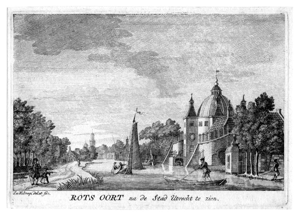HUA-38671-Gezicht op de Vaartsche Rijn en de Jutfaseweg te Utrecht met rechts het huis Rotsoord en de torens van de Nicolaikerk op de achtergrond