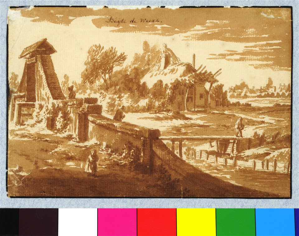 HUA-36265-Gezicht op een terrein met een boerderij buiten de Weerdpoort met op de voorgrond de borstwering van de muur aan de oostzijde van de Bemuurde Weerd en