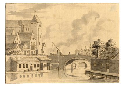HUA-35109-Gezicht op de Oudegracht te Utrecht met de Jansbrug en het huis Oudaen uit het zuiden