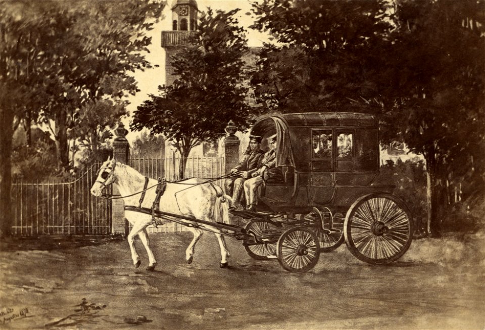 HUA-38177-Afbeelding van de diligence Utrecht Zeist van P Dieges het zogeheten wagentje van Dieges bij de kerk in De Bilt