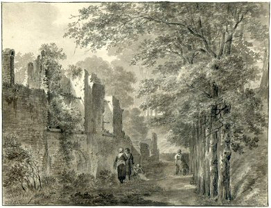 HUA-38529-Gezicht op de resten van de kapel van de St Servaasabdij te Utrecht vanaf het pad onderlangs de wal bij het bastion Zonnenburg uit het zuidoosten