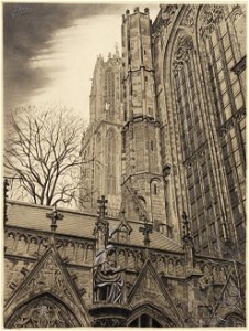 HUA-33079-Gezicht op het zuidertransept van de Domkerk Domplein te Utrecht vanuit de pandhof met op de voorgrond het beeldje van de schrijvende monnik Hugo Wsti