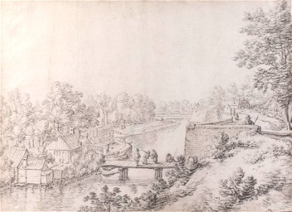 HUA-36442-Gezicht vanaf de stadswal over de stadsbuitengracht te Utrecht uit het noorden met links het bolwerk Lepelenburg en de voetgangersbrug die het met de 