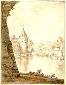 HUA-38458-Boven gezicht vanaf het Begijnebolwerk over de stadsbuitengracht te Utrecht op de waltoren De Bok met links daarachter een gedeelte van de Weerdpoort 