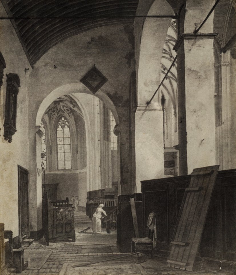 HUA-37225-Interieur van de Janskerk te Utrecht de noordelijke zijbeuk en het noorderzijkoor uit het westen met rechts een doorkijk in het schip en het koor