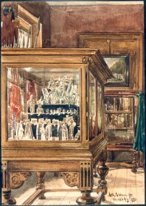 HUA-38738-Interieur van het stadhuis Stadhuisbrug te Utrecht het Stedelijk Museum van Oudheden op de tweede verdieping zaal G met een vitrine met breekbare voor