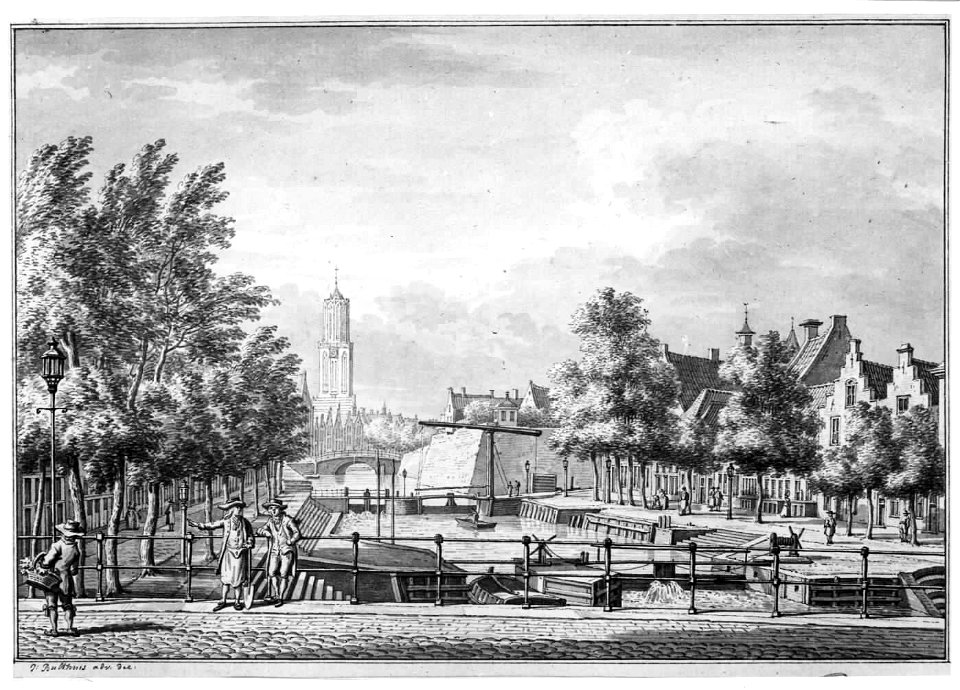 HUA-35176-Gezicht vanaf de Stenenbrug over de Vecht op de stad Utrecht met aan weesrzijden de bebouwing langs de Bemuurde Weerd links OZ rechts WZ en op de acht