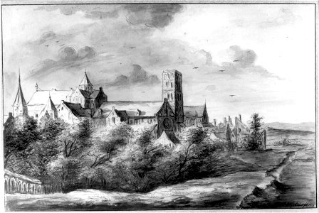 HUA-37308-Gezicht op de Mariakerk te Utrecht in een landschappelijke omgeving vanaf een verhoging ter plaatse van de stadswal uit het noordwesten