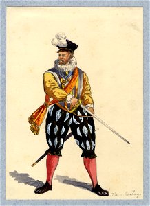 HUA-32811-Afbeelding van een kostuumontwerp van de heer van Bachays figurant in de maskerade van de studenten van de Utrechtse hogeschool ter gelegenheid van he