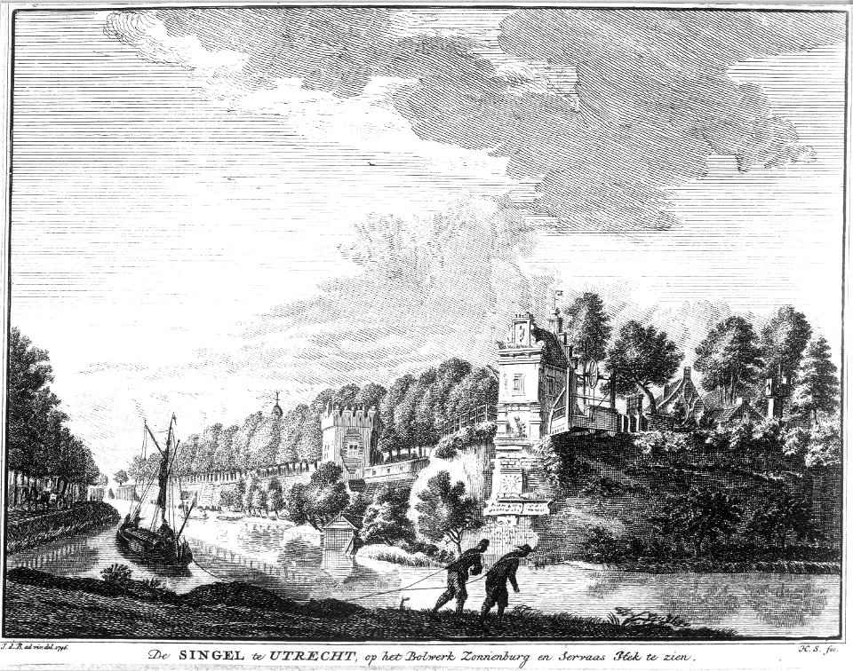 HUA-36406-Gezicht over de stadsbuitengracht op de stadswal te Utrecht ter hoogte van het bastion Zonnenburg uit het noordoosten met in het midden de toren op he