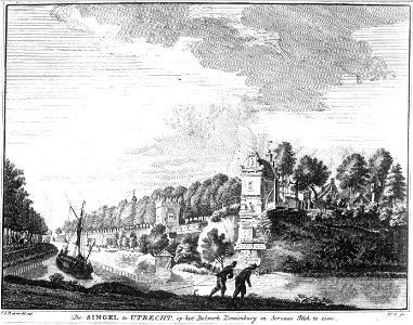 HUA-36406-Gezicht over de stadsbuitengracht op de stadswal te Utrecht ter hoogte van het bastion Zonnenburg uit het noordoosten met in het midden de toren op he