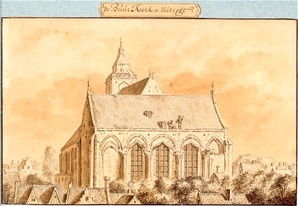 HUA-37371-Gezicht op de Buurkerk te Utrecht uit het zuidoosten met het transept van de kerk op de voorgrond