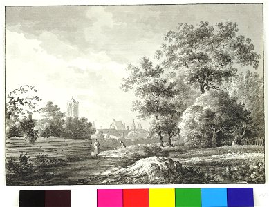 HUA-38632-Gezicht op het buitengebied ten noorden van het Begijnebolwerk te Utrecht met op de achtergrond de toren van de Jacobikerk en de Weerdpoort bestaande 