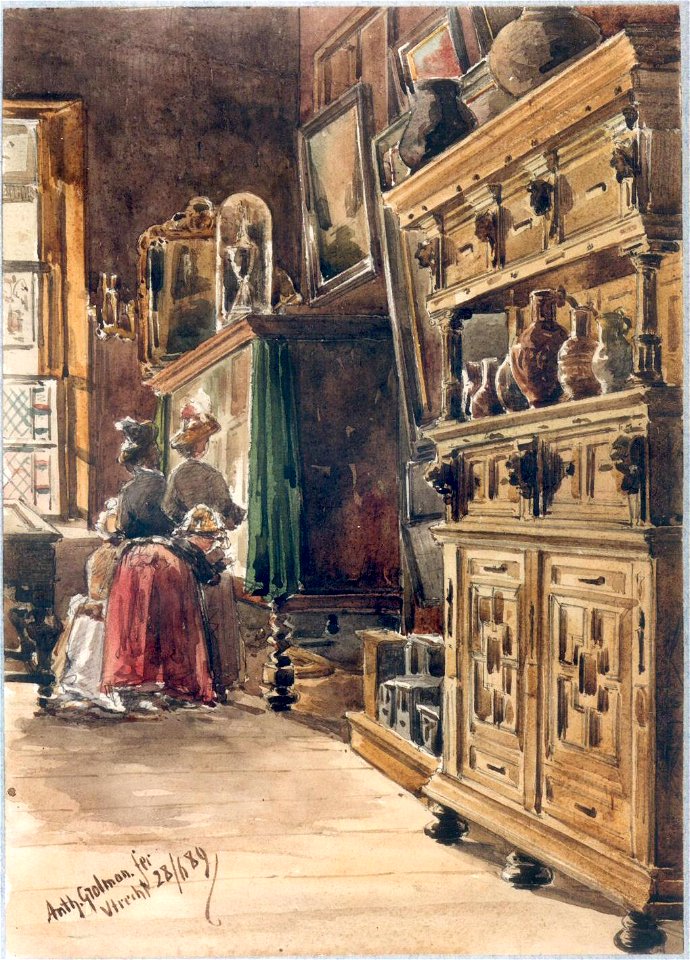 HUA-38739-Interieur van het stadhuis Stadhuisbrug te Utrecht het Stedelijk Museum van Oudheden op de tweede verdieping zaal G met het poppenhuis en een kast met