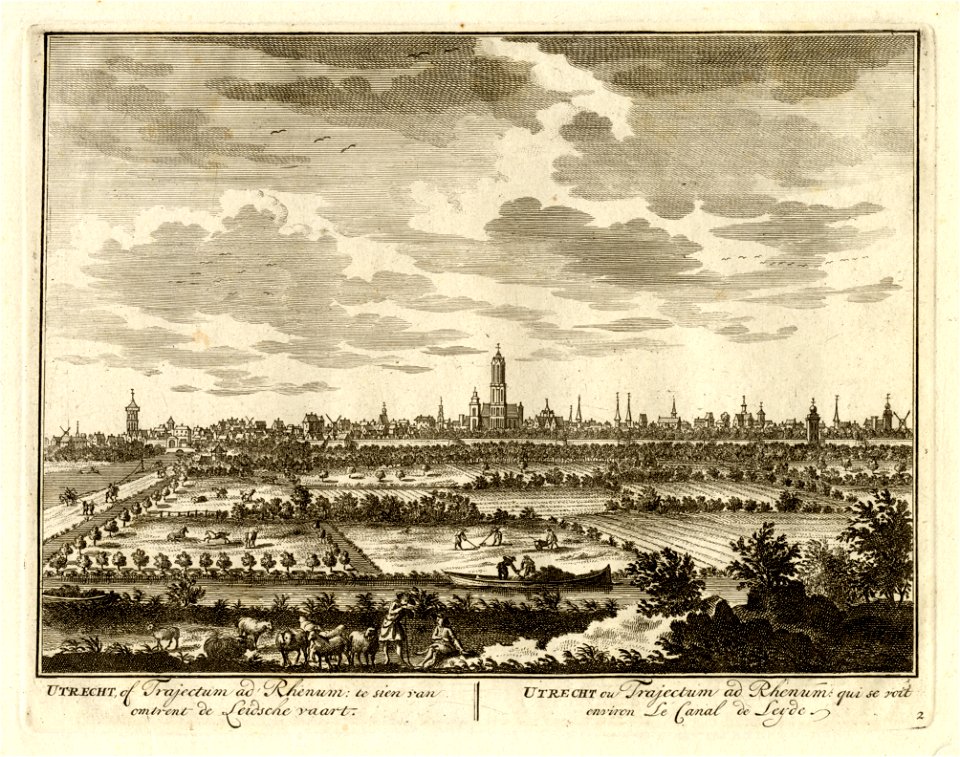 HUA-36209-Profiel van de stad Utrecht uit het westen gezien met op de voorgrond moesgrachten van de stadsuitleg van het plan Moreelse en links de Leidseweg en d