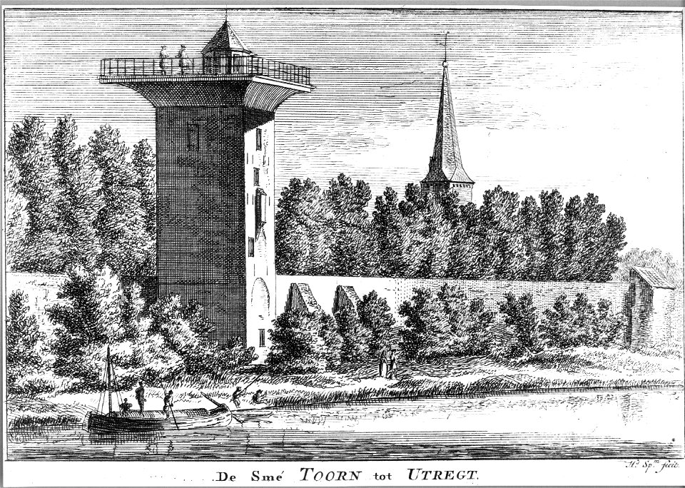 HUA-36336-Gezicht over de stadsbuitengracht op de stadswal te Utrecht uit het westen met de tot sterrenwacht verbouwde Smeetoren en rechts de toren van de Geert