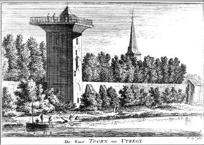 HUA-36336-Gezicht over de stadsbuitengracht op de stadswal te Utrecht uit het westen met de tot sterrenwacht verbouwde Smeetoren en rechts de toren van de Geert