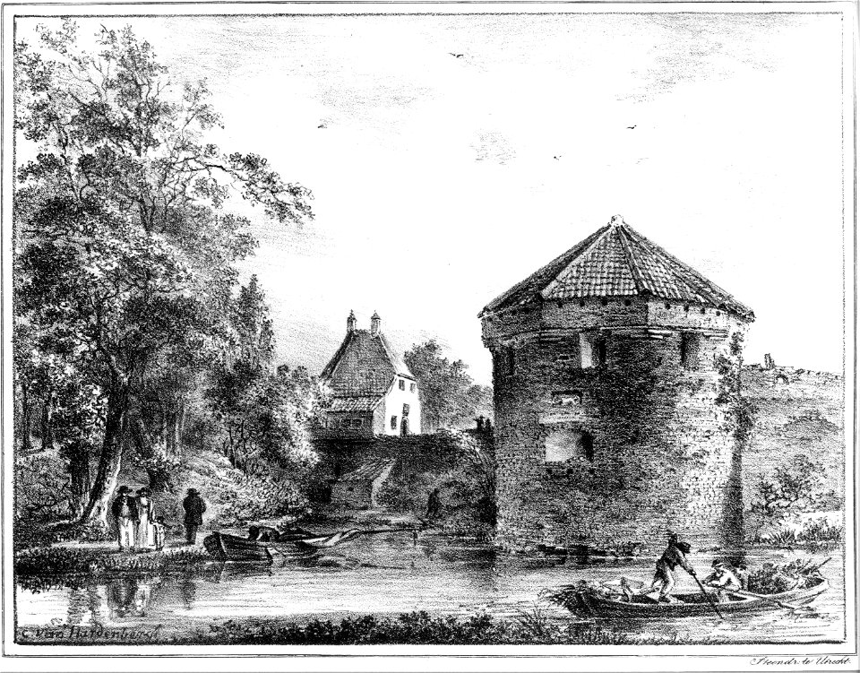 HUA-36659-Gezicht over de stadsbuitengracht op de stadswal te Utrecht uit het noordwesten met de toren de Vos en op de achtergrond de toren de Wolf en links een