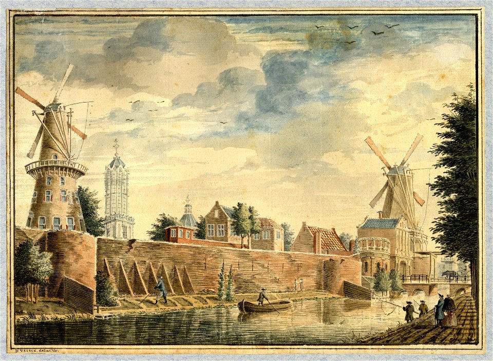 HUA-36302-Gezicht vanaf de singel over de stadsbuitengracht te Utrecht uit het noordwesten met de wal en daarachter links de molen De Meiboom en de Domtoren en 