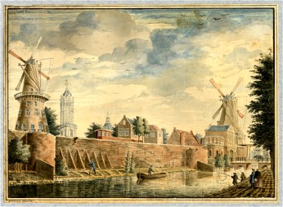 HUA-36302-Gezicht vanaf de singel over de stadsbuitengracht te Utrecht uit het noordwesten met de wal en daarachter links de molen De Meiboom en de Domtoren en 