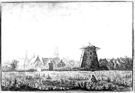 HUA-36054-Gezicht op de Vleutenseweg te Utrecht uit het westen met het St Jobsgasthuis en de molen de Kat in aanbouw