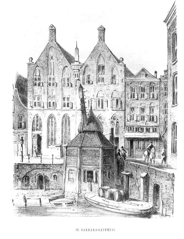 HUA-38308-Gezicht op de Oudegracht bij de Stadhuisbrug te Utrecht met de dubbele voorgevel van het St Barbara en St Laurensgasthuis en daarvoor de stadskraan ui