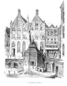 HUA-38308-Gezicht op de Oudegracht bij de Stadhuisbrug te Utrecht met de dubbele voorgevel van het St Barbara en St Laurensgasthuis en daarvoor de stadskraan ui